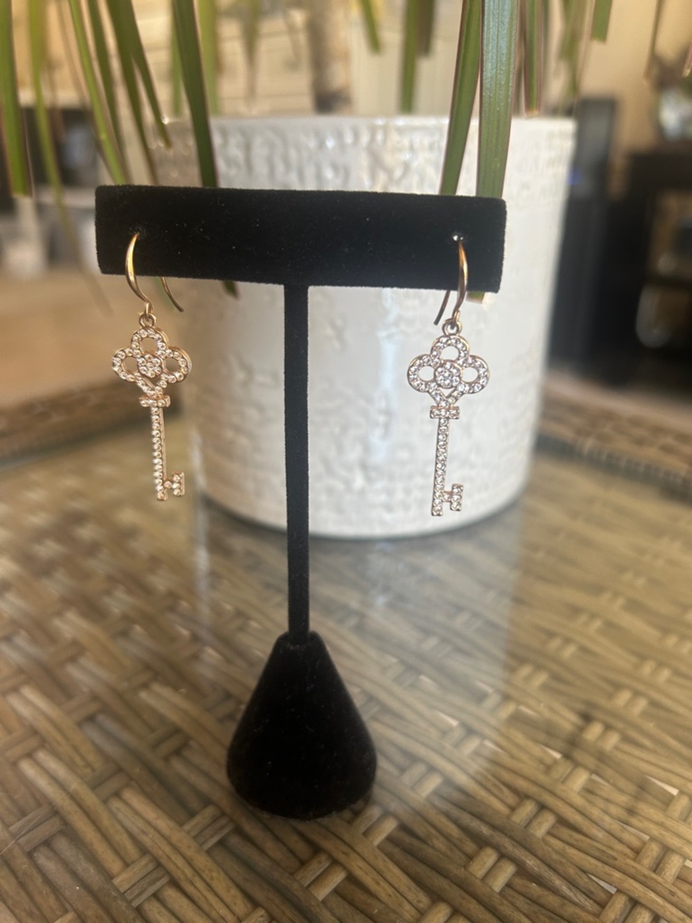 Crystal Key Drop Earrings - Gold Tone